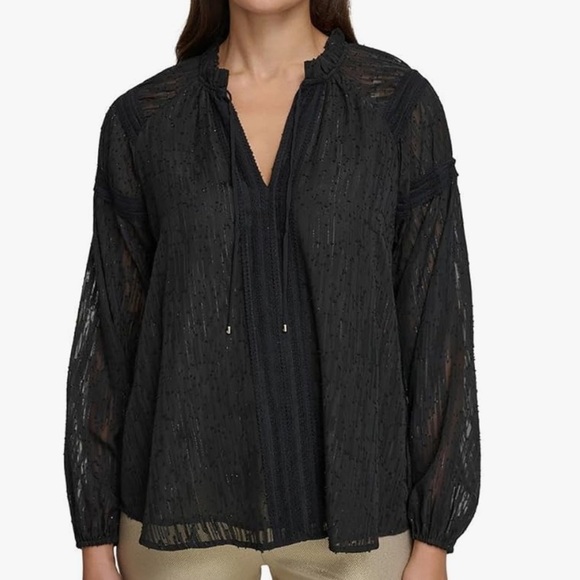 NWT TOMMY HILFER Long Sleeve Tie Neck Semi Sheer Shimmer Blouse Size Medium - Picture 1 of 4